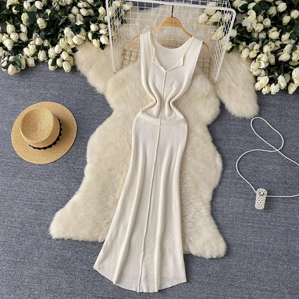 Foamlina Pure Color Knitting Dress для женщин Элегантный V-образный вырез без рукавов Летняя мода Тонкий вырез вечернее длинное платье