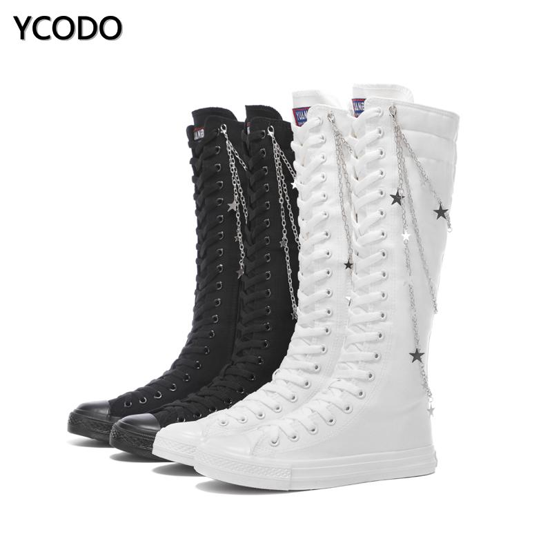 Spring Autumn Women Boots Canvas Mid Calf Boots Casual High Top Shoes Long Boots Lace Up Zipper Comfortable Flat Boots Size 34-43