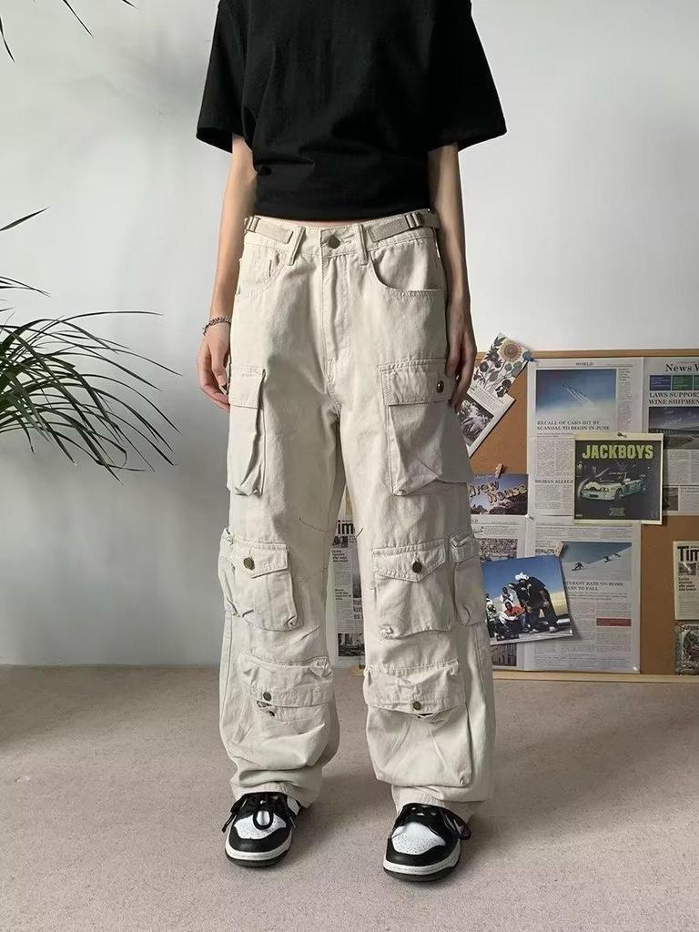 Мужской американский ретро-комбинезон свободного кроя с множеством карманов и широкими штанинами  