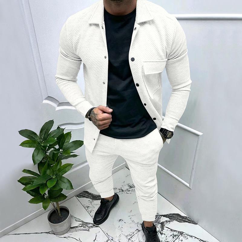 Men's Heavy Twill Jacket & Casual Pants Solid Color Jacquard Two-Piece Suit for Autumn/Winter