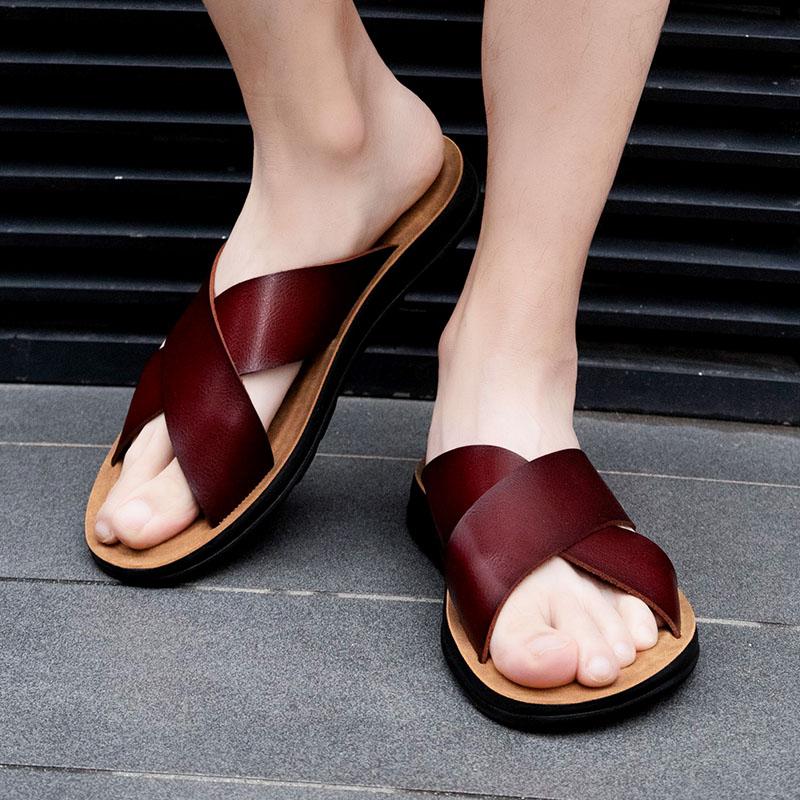 2024 Fashion Men Real Leather Slippers Summer New Black White/red/yellow Cross Over Slippers Men's Leisure Comfort Flat Sandals