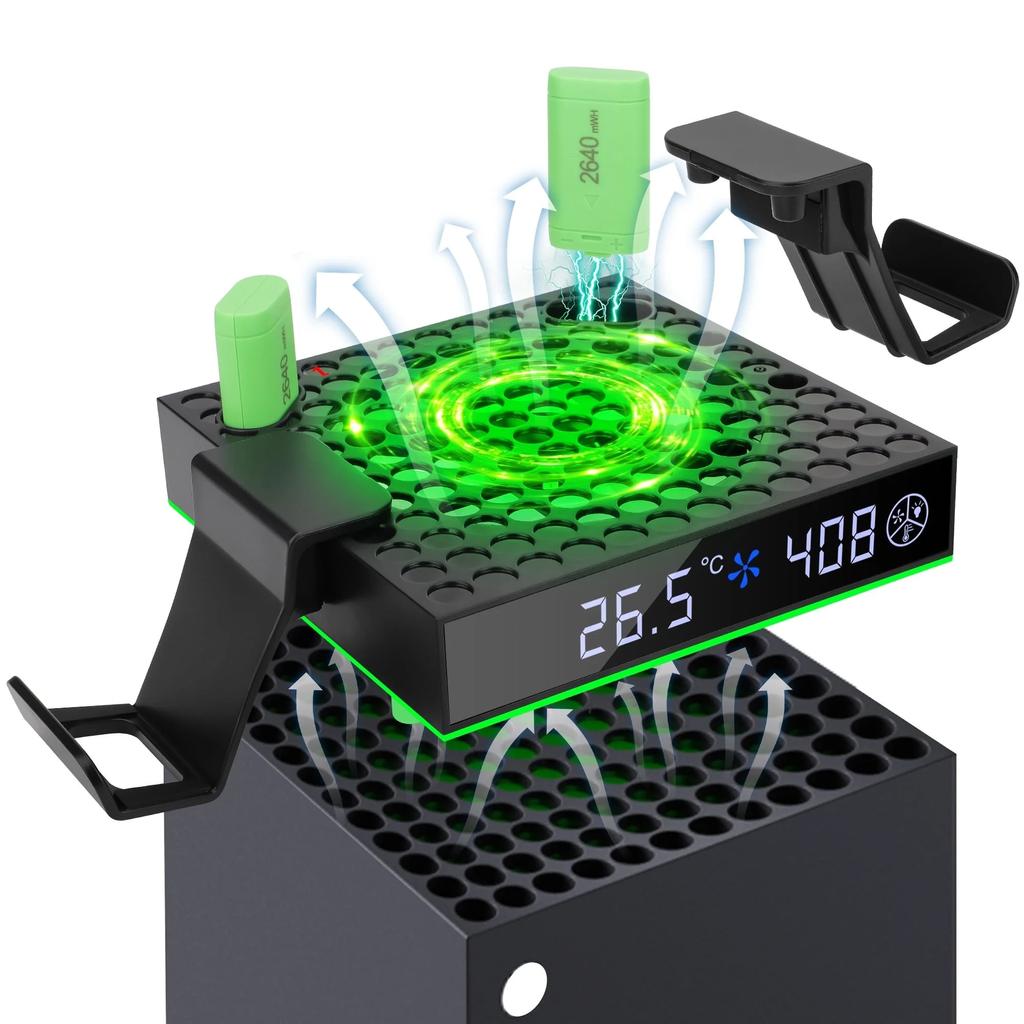 Охлаждающий вентилятор для Xbox Series X/S, зарядная станция с 2 аккумуляторными батареями емкостью 2640 мАч, 3 скорости вращения вентилятора, дисплей температуры, RGB-подсветка