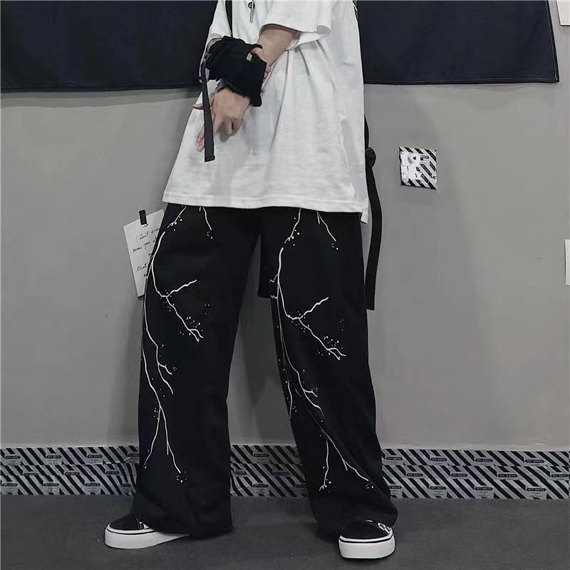 Lightning Skeleton Print Gothic Pants Men Loose Casual Wide Leg Trousers High Street Cool Sweatpants Couple Streetwear