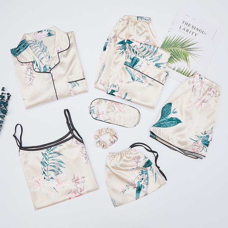 GMXIA Пижамный комплект из 7 предметов из искусственного шелка с клубничным принтом, Комплект из 7 предметов шелковой пижамы для весны, лета и осени, Домашняя одежда, Пижамные комплекты