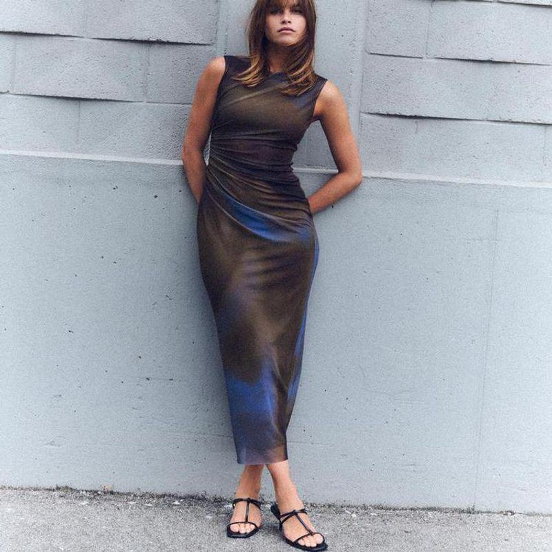 Spring New Women's Clothing Fashion Style Round Neck Sleeveless Ruched Silk Net Long Midi Skirt Dress 8312536