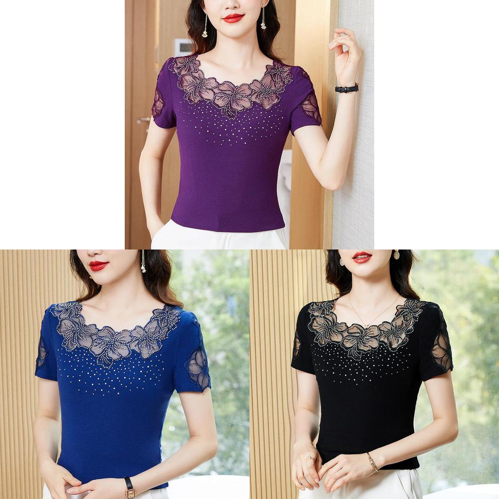 Cotton Short Sleeve T Shirt For Women With Embroidered Lace And Round Neck For Summer Casual Wear