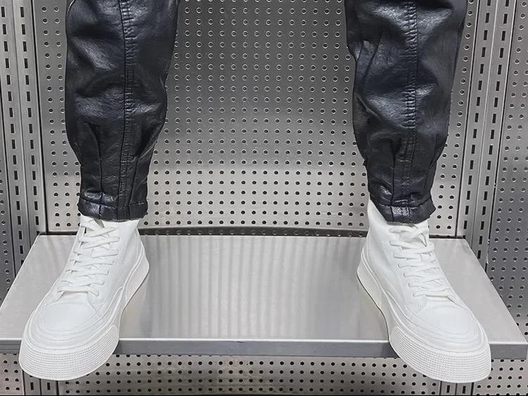 Мужские зимние утолщенные узкие брюки из искусственной кожи - мотоциклетные леггинсы в корейском стиле с бархатной подкладкой