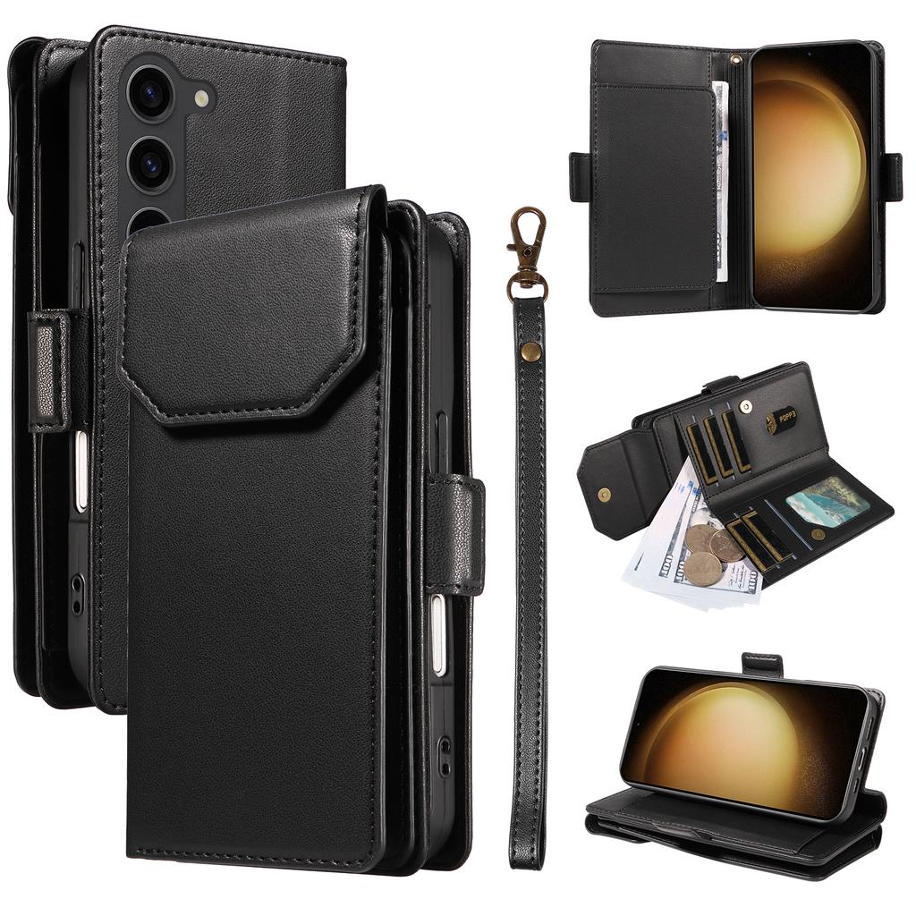 For Samsung Galaxy S23+ Case with Multi-Card Holder and Strap PU Leather Phone Cover Stand
