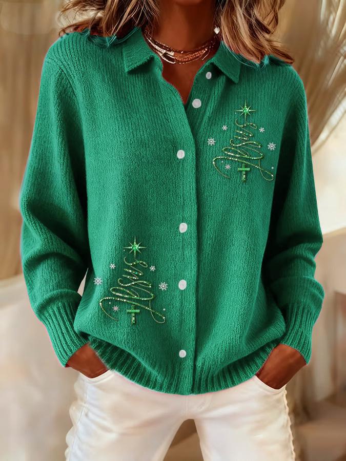 2026 New Women's 3D Print Lapel Cardigan Knit Shirt - European American Christmas Autumn Winter Top