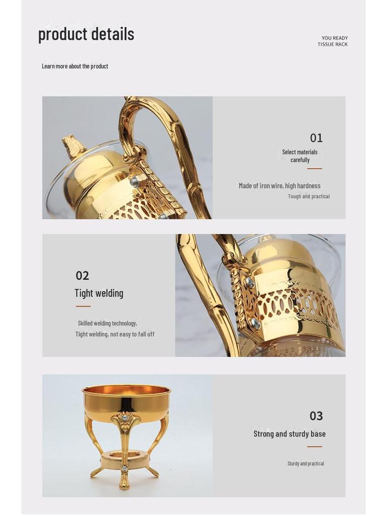 Юго-Восточная Азия Ретро Металлический Кофейник Набор: Зеркальная отделка из 3 частей с подогреваемым стеклянным горшком