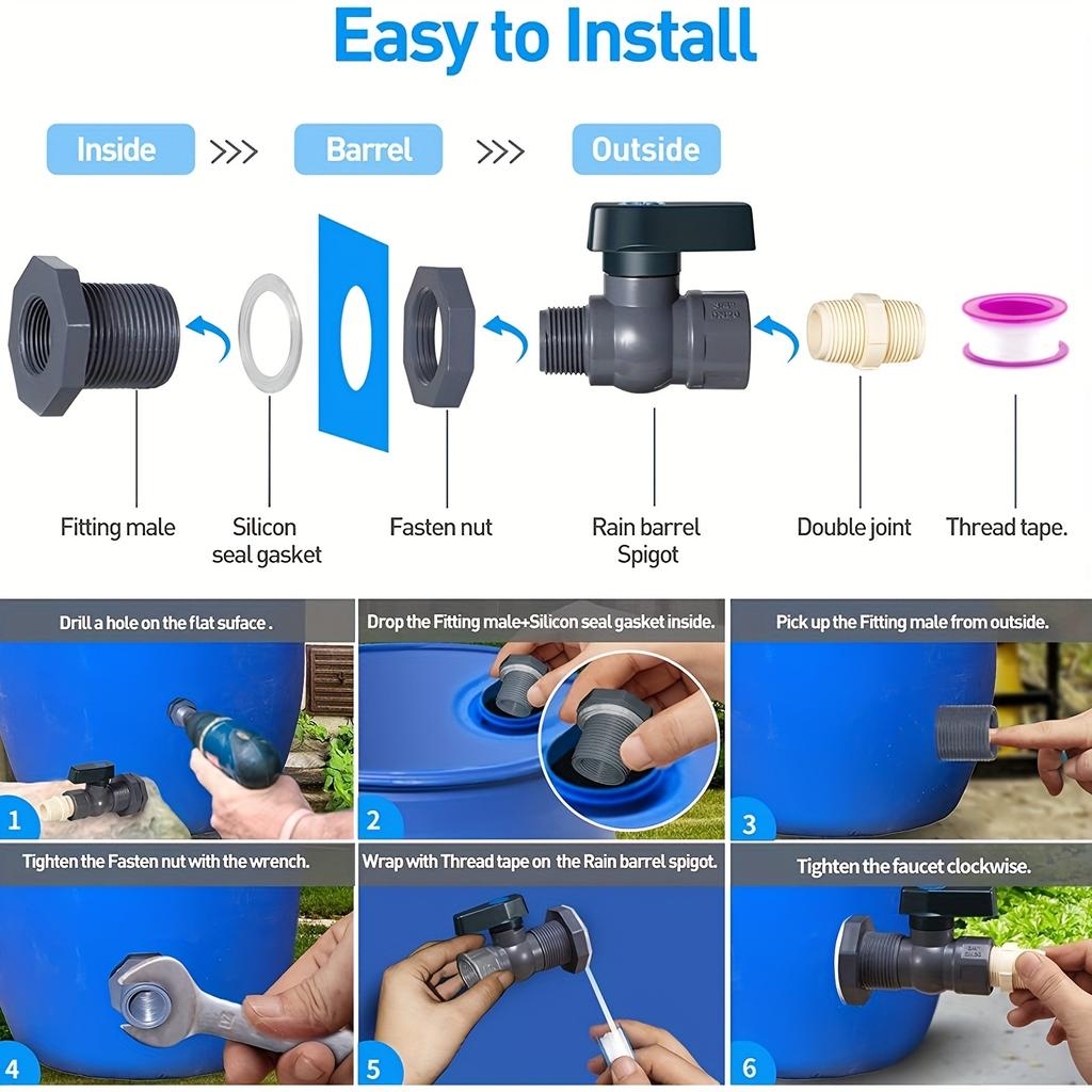 Комплект крана для бочки с водой - Удобный слив для садовых и дождевых бочек - Включает внутреннее соединение для легкого наполнения и опорожнения