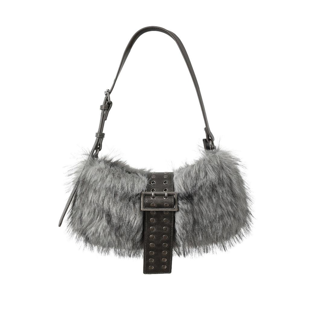 Winter Fluffy Plush Shoulder Bag Punk Studded Underarm Bags for Women Designer Handbags Rivet Faux Fur Bags Women's Bag Chic