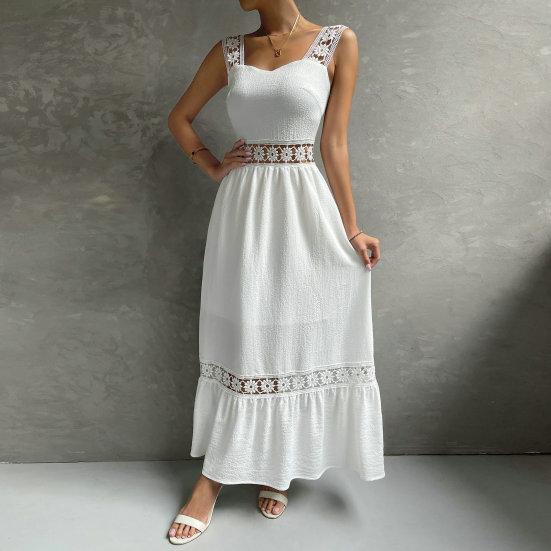 Однотонное платье на бретельках без рукавов с открытой спиной и высокой талией, свободное кружевное платье трапециевидной формы в стиле пэчворк