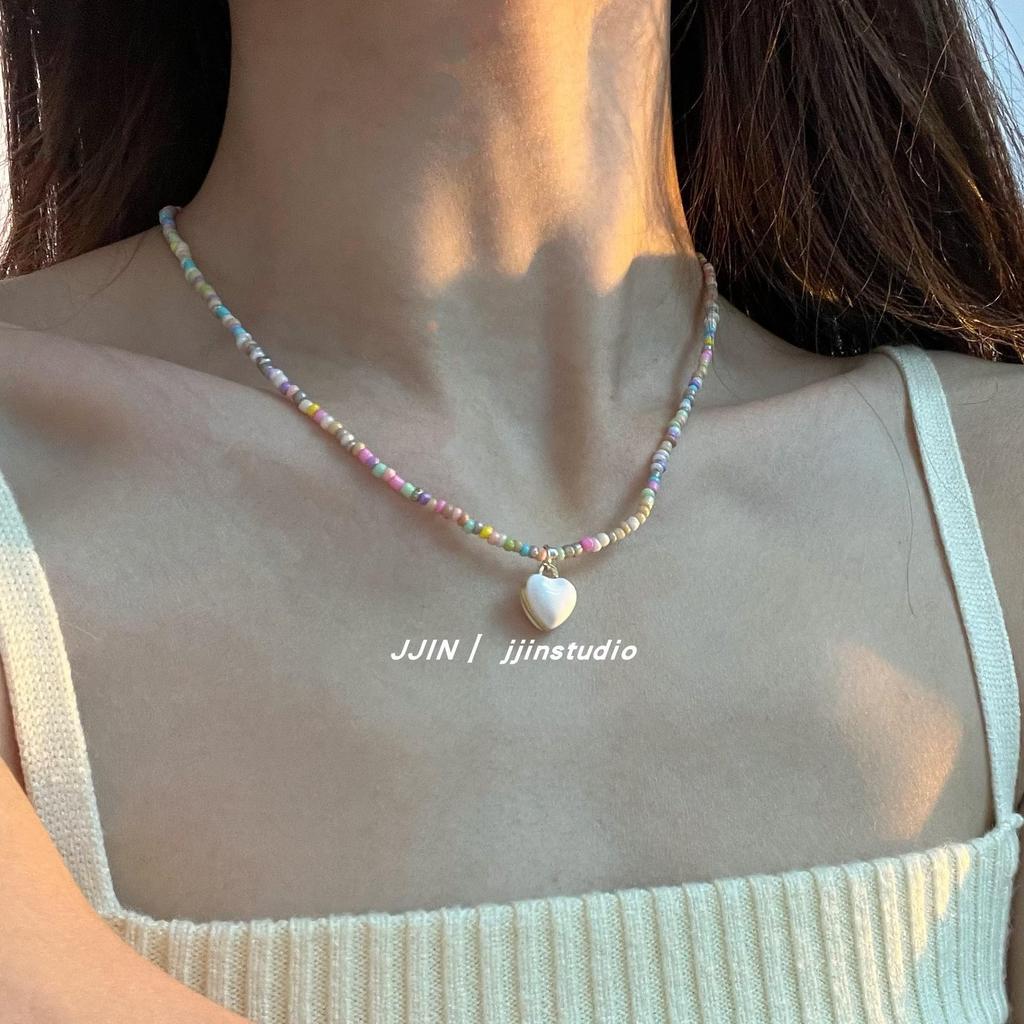 "Ins Macaron Beaded Love Clavicle Chain - Korean Sweet Cute Girl Style Summer Necklace"