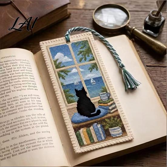 Вышитый Закладка для Книги Сезонный Кот Вышивка Крестом Закладка Четыре Сезона Черная Закладка