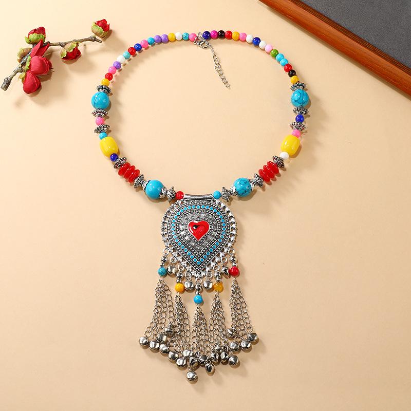 Vintage Tibetan Necklace, Bell Tassel, Color Beaded Collar, Yunnan Travel Sweater Chain Accessories Women