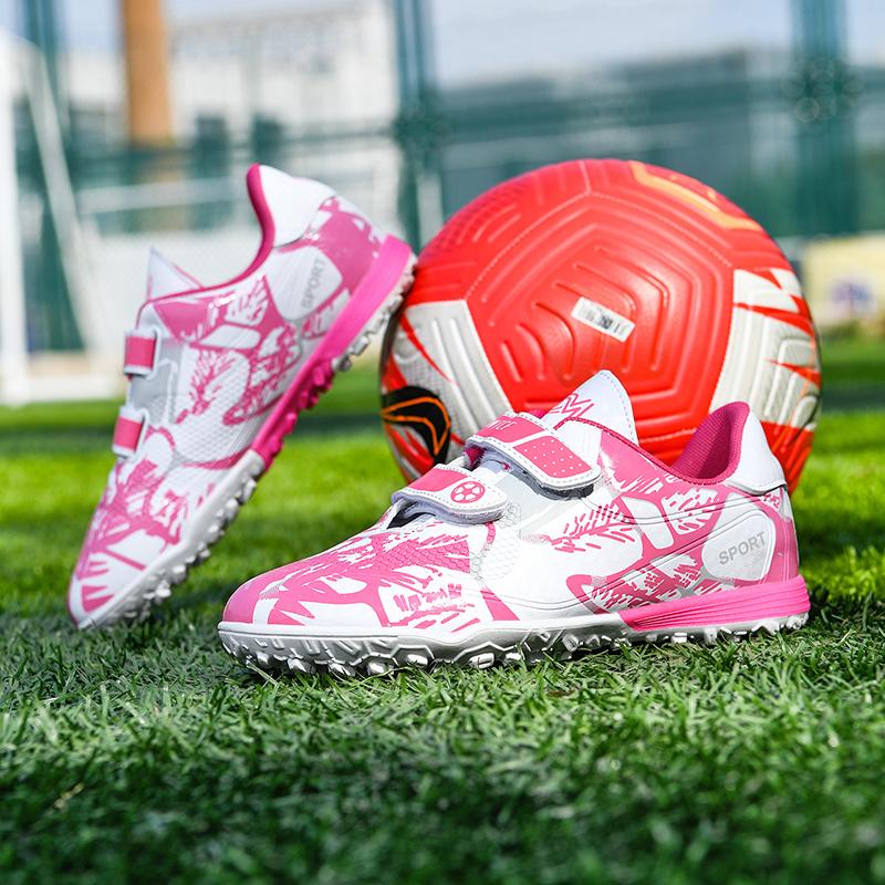 Fashion Pink Children's Cheap Football Shoes Hook and Loop Boys Girls Training Soccer Cleats Kids Soccer Shoes Futsal Sneakers