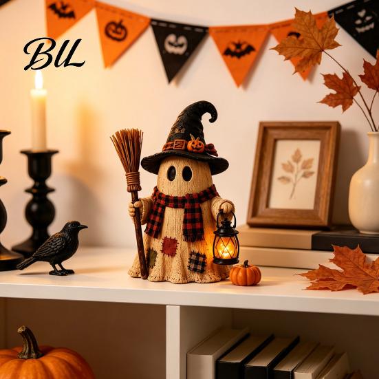 Indoor Festive Home Accents Wooden Halloween Figurine with Lantern, Pumpkin Scarecrow Skeleton Mummy Ghost Witch Artistic Carved Wood Decor