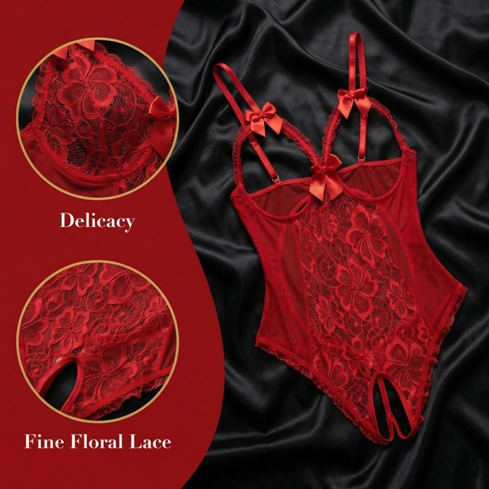 Mesh Hollow Women Underwear Deep V Lace Sling Nightwear Lingerie Lace Bow Bodysuit Gifts
