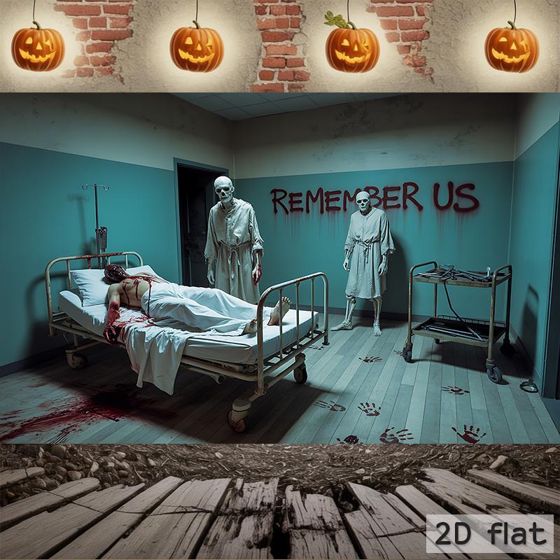 One Halloween party banner - Horror Hospital theme with skull nurses, bloodstains, and the words "REMEMBER US"zyc