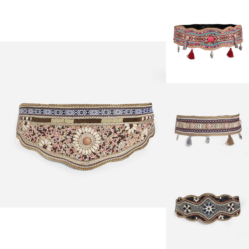 Boho Chic Beaded Wide Waist Belt With Geometric Design For Festival And Casual Wear