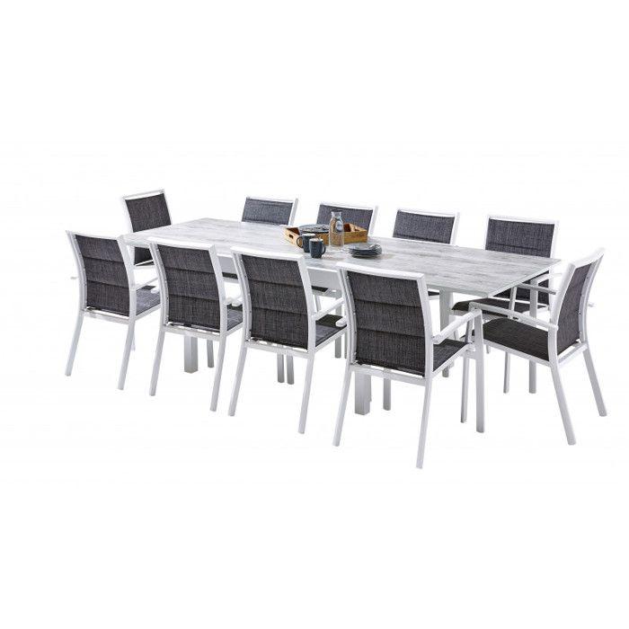 Salon de jardin Ensemble ModuloWood T 6/10 + F 10 Verre Déco Bois Blanc Wilsa Garden