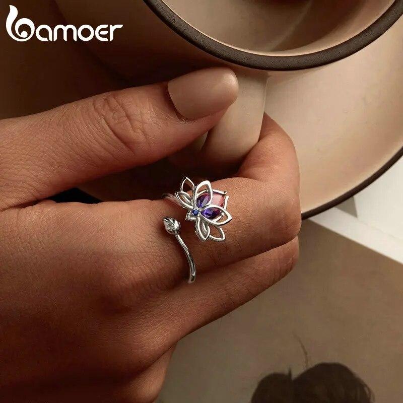 BAMOER Стерлингового Серебра 925 пробы Лотос Регулируемое Кольцо Поощрение Цветок Лотоса Открытая Обертка Кольцо Вдохновляющие Ювелирные Изделия Подарок для Женщин