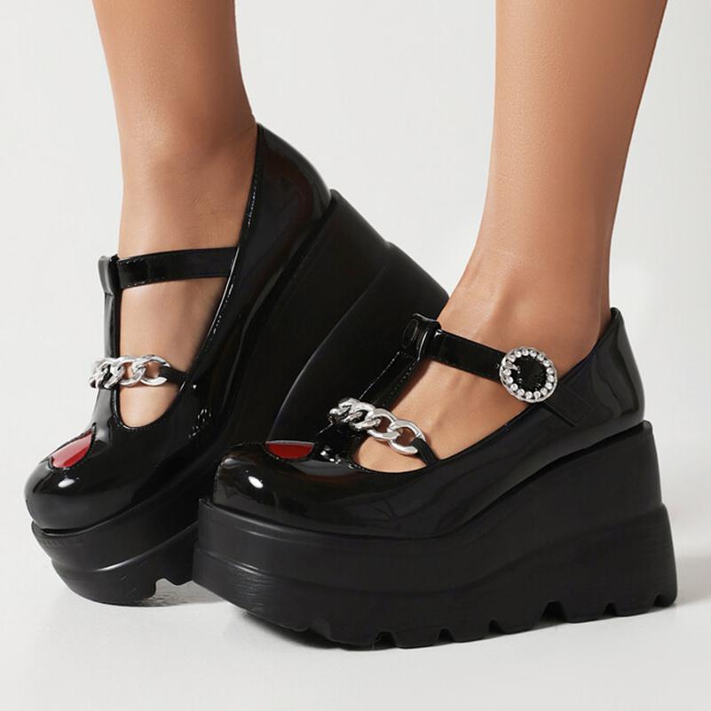 Женские туфли-лодочки из искусственной кожи, туфли на высоком каблуке на танкетке с круглым носком и Т-образной цепочкой, вечерние туфли с кристаллами в стиле панк, весенне-осенняя обувь