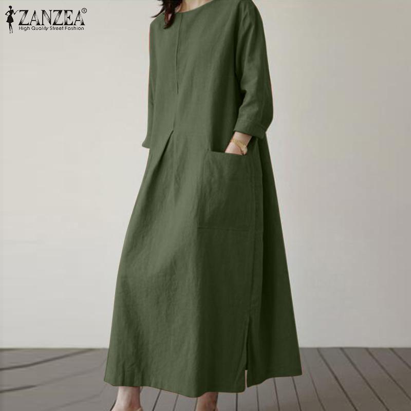 ZANZEA Женское повседневное хлопковое длинное платье с круглым вырезом и рукавами 3/4