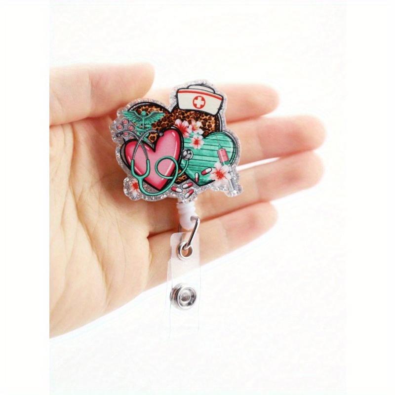1PC Pink Heart Leopard Print Retractable Badge Reel For Nurses And Doctors Medical Staff Stylish Badge Buckle Card Holder For Hospital Workers