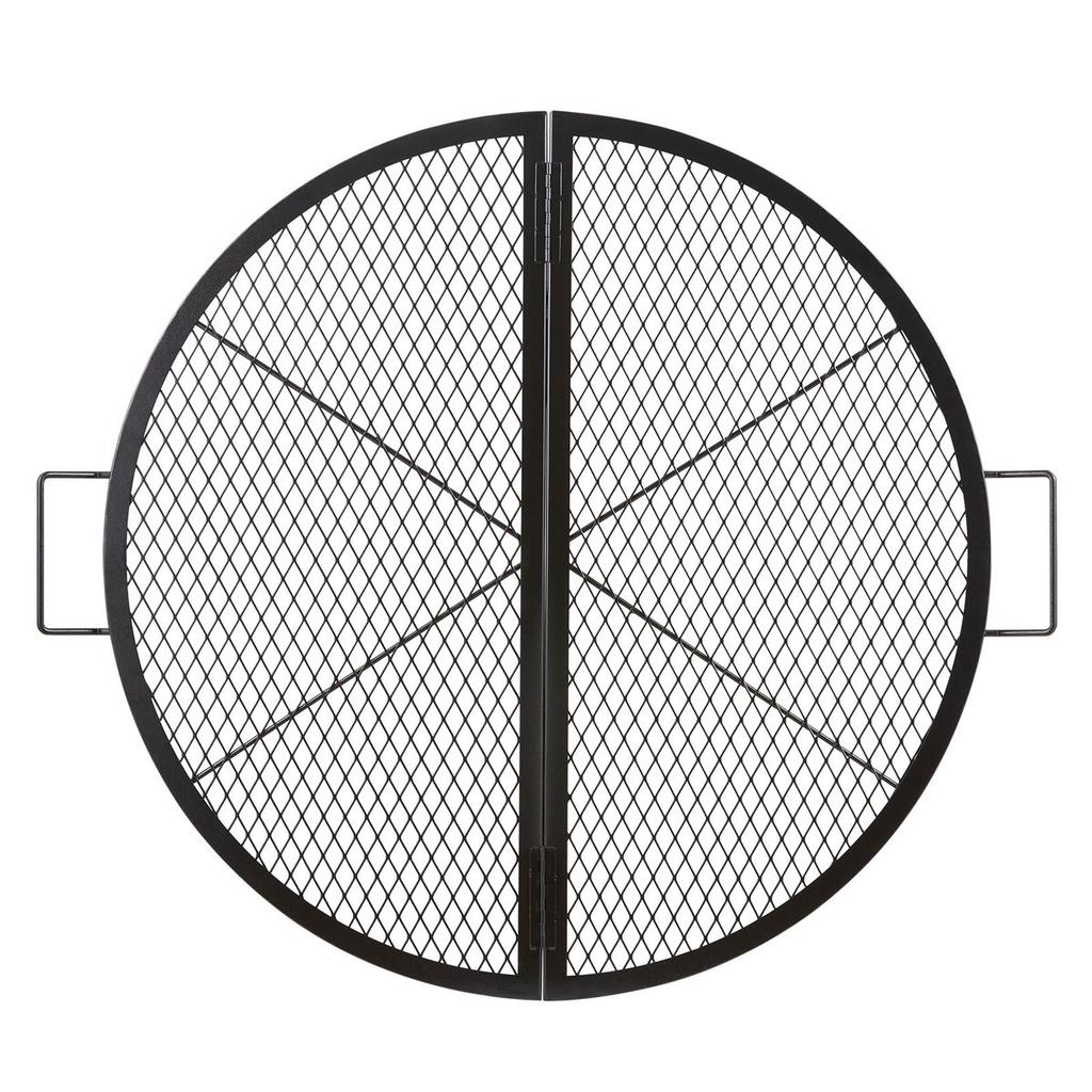 X-Marks Fire Pit Grill Grate, Foldable Round Cooking Grate, Heavy Duty Steel Campfire BBQ Grill Grid with Handle and Support X Wire, Portable Camping