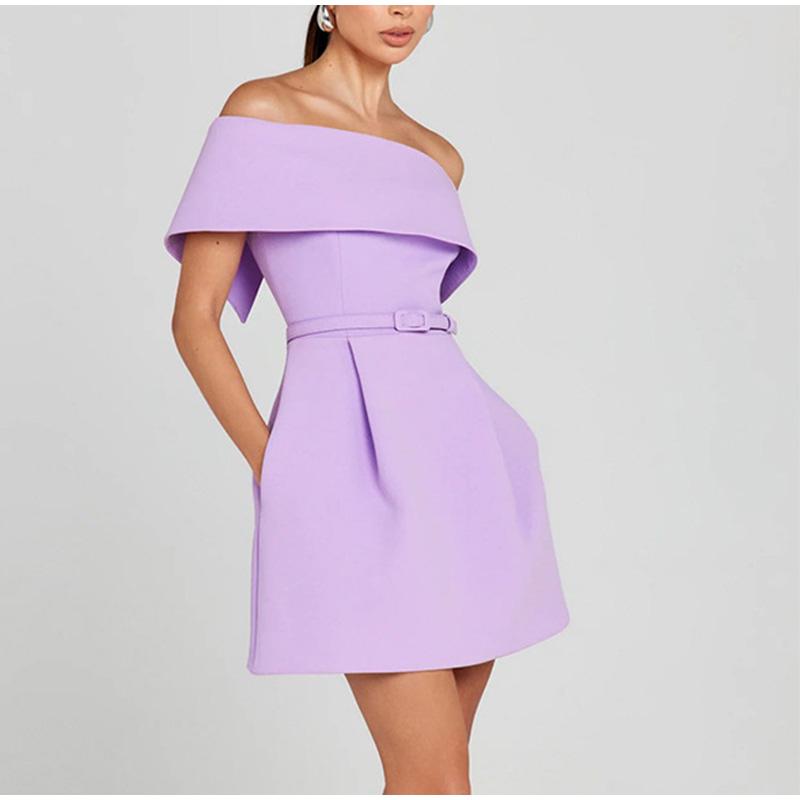Women Simple Patchwork Off The Shoulder Party Dress Spring Summer Short Sleeve Mini Dress Slash Neck Solid Color Ladies Dress