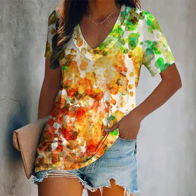 Женская новая футболка с короткими рукавами и V-образным вырезом, цветной принт, короткий рукав, свободный женский топ, дышащая футболка в стиле Y2K