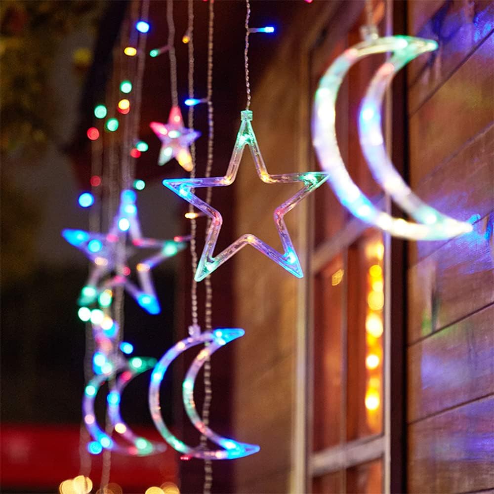 3.5m Star Moon LED Curtain String Light Battery Power Christmas Garland Fairy Lamp for Outdoor Garden Wedding Xmas NewYear Decor