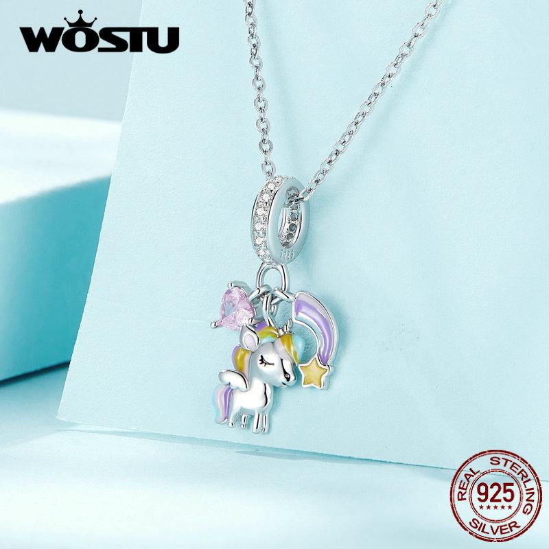WOSTU 925 Sterling Silver Rainbow & Unicorn Bead Lovely Horse Pendant Charm for Women Original Necklace Bracelet