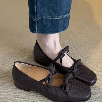 Балетки из овчины с квадратным носком и неглубоким вырезом, женские туфли-лодочки с бантом на одной педали и толстым каблуком, туфли Мэри Джейн на плоской подошве