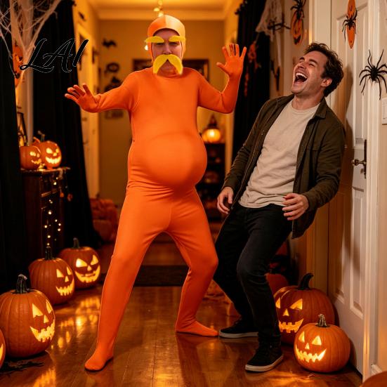 Unisex Role Play Outfits Orange Full Bodysuit for Kids Adults with Belly Yellow Mustache & Eyebrows Men Women Open Face Zentai Suit Halloween