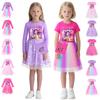 Kids Girls Anime Cartoon POP Singer Super Star Rumi Zoey Mira Print Mesh Rainbow Round Neck Casual Cotton Dress