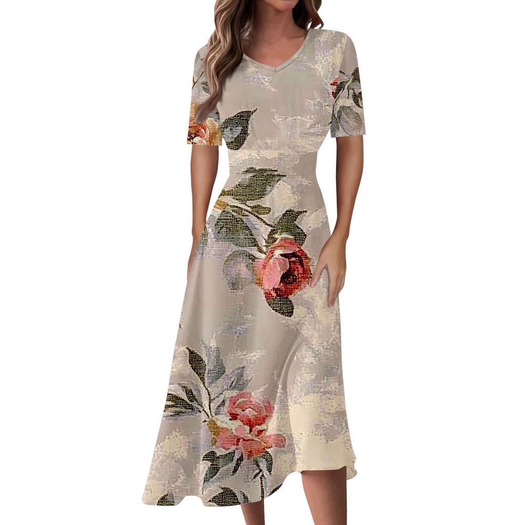 Женская повседневная мода Цветочный (лист)  Платье-халат с принтом, V-образным вырезом, короткими рукавами и длинной юбкой-халат