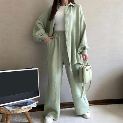 2 шт./комплект женский рубашка брюки комплект отложной воротник однобортный длинный рукав свободный верх эластичный пояс широкие брюки спортивный костюм
