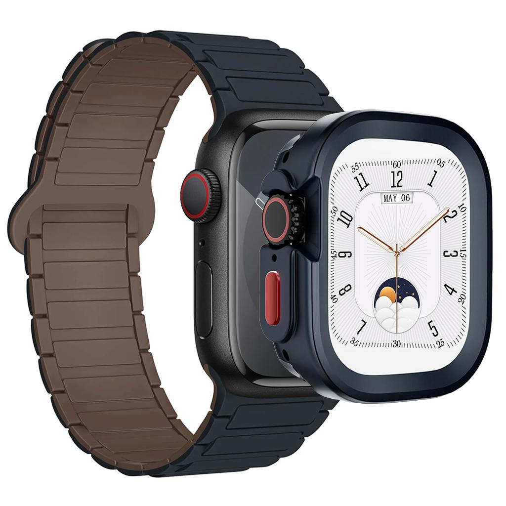 Ремешок+Чехол для Apple Watch Ultra 2 49 42 45 44 S10 46мм Магнитный силиконовый ремешок+чехол для IWatch Series 9 8 7 6 5 4 42мм 40 41мм