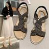 Fashion Women Rhinestone Bling Wedge Beach Sandals Summer Fashion Bohemian Peep Toe Thick Bottom Platform Buckle Strap Non Slip Shoes