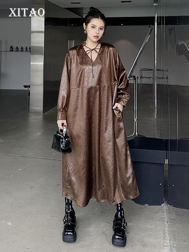 Xitao Бандажные платья с V-образным вырезом и карманами из искусственной кожи LJ1015