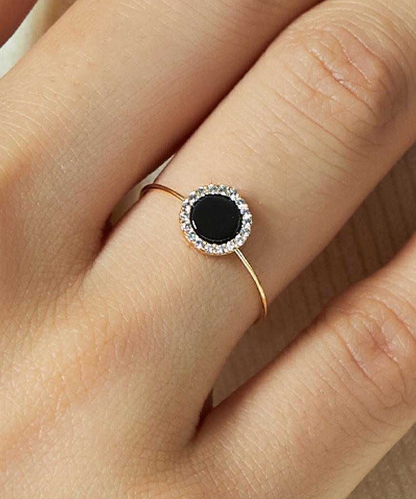 Helene Jewelry 14K Black Onyx Circle Miss Ring Gold Thread Ring (Type A)