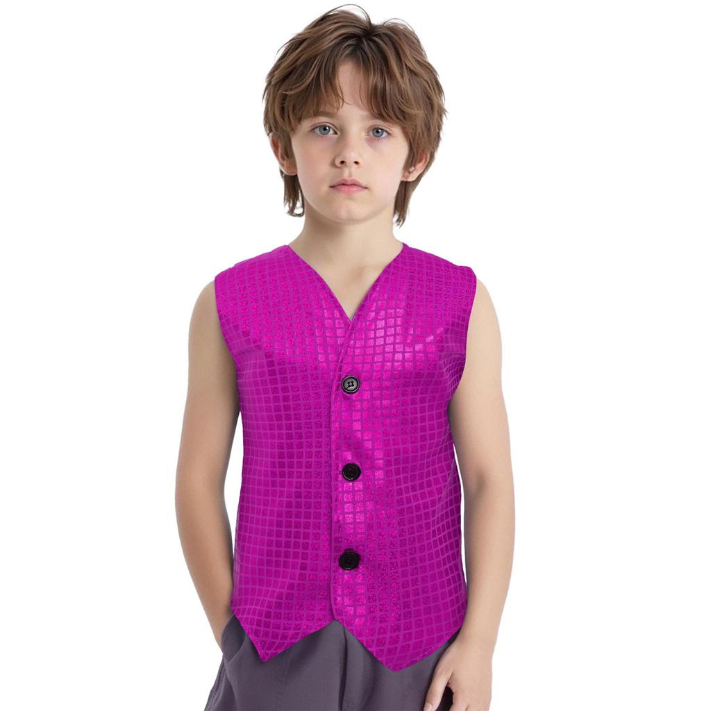 Boys Girls Dance Stage Performance Costume V Neck Sleeveless Asymmetrical Hem Button Metallic Plaid Vest