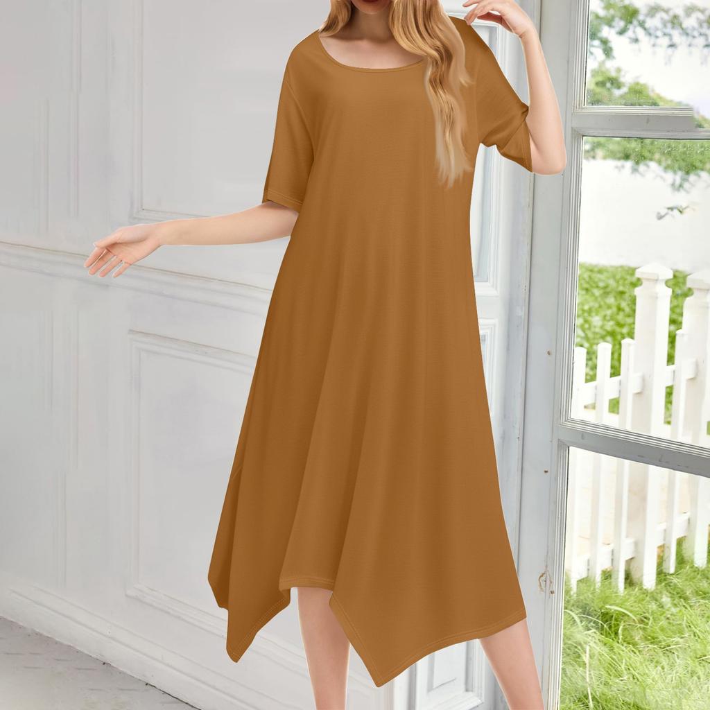 Женское повседневное модное платье миди с круглым вырезом и коротким рукавом, однотонное, с неровным подолом