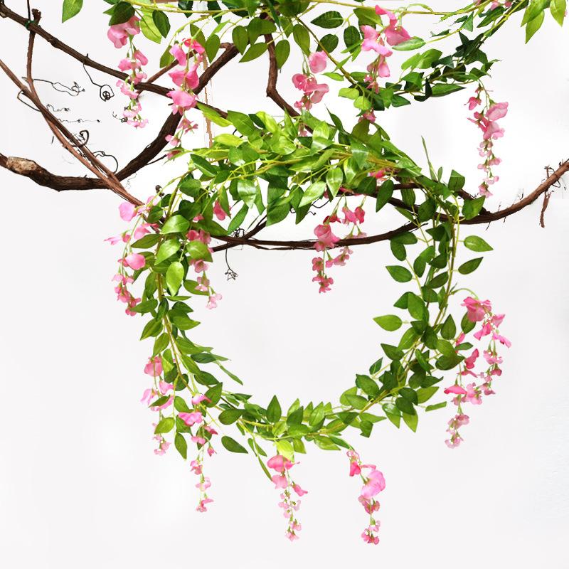 Hot 2M Wisteria Artificial Flower Vine Wreath Wedding Arch Decoration Fake Plant Leaf Rattan Trailing Fake Flower Ivy Wall