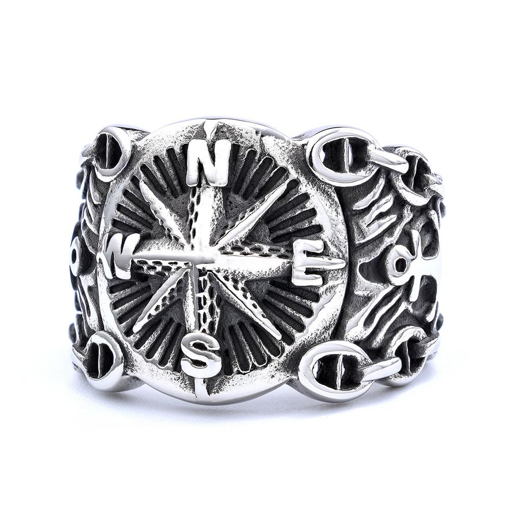 Retro Sailor Navigation Compass Ring For Men Punk Gothic Rock Hiphop Open Ring Handmade Zircon Bikers Accessories Unisex Gift
