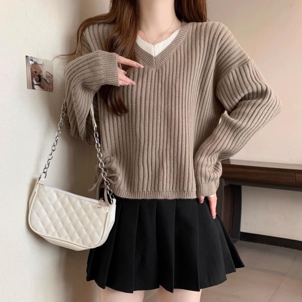 Knitted Sweater Women's Autumn Winter Versatile Slimming V-neck Long Sleeved Fake Two-piece Drawstring Sweater
