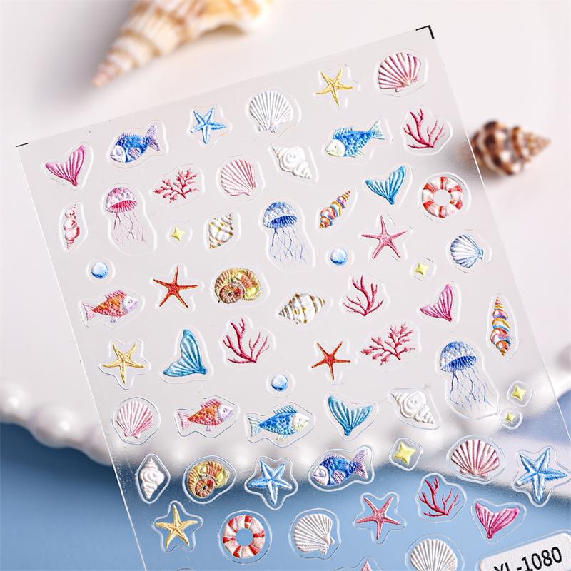 1 лист наклейки для ногтей в океанском стиле, летние морские звезды, медузы, ракушки, наклейка для ногтей, тисненая декорация, принадлежности для нейл-арта, салон маникюра